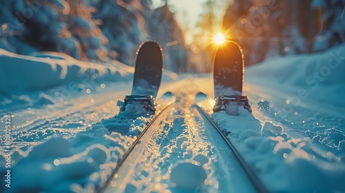 A closeup of Cross-country Skiing Ski, against Trail as background, hyperrealistic sports accessory photography, copy space