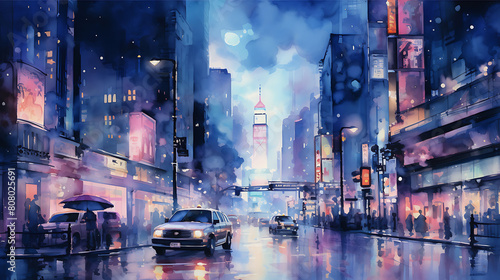 A watercolor background that brings to life the vibrant and bustling atmosphere of a cityscape at night