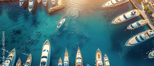 Aerial view of a vibrant marina, boats docked in sunlit waters, bustling with summer activity