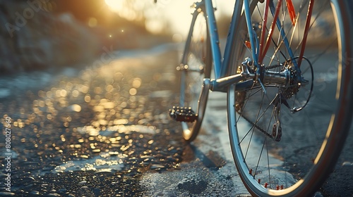 A closeup of Cycling Bicycle, against Road as background, hyperrealistic sports accessory photography, copy space