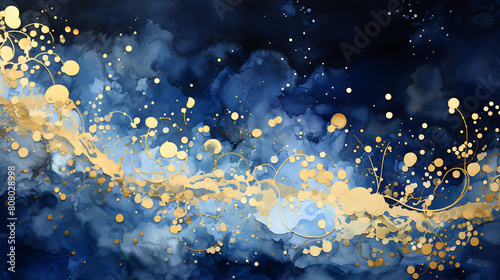 Bold splashes of indigo and gold watercolor, reminiscent of a starry night sky