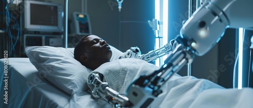 African American man lying on a patient bed receiving a tamponade implant in the operating room. Generative Ai