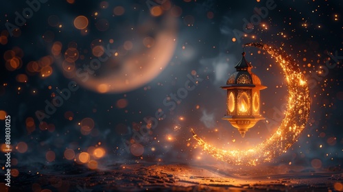 Enchanting Eid Mubarak Celebration Scene with Golden Crescent Moon and Lantern Amidst Magical Blue Night Sky. Generative AI