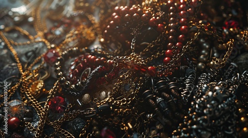 Close-up of a pile of luxurious tangled necklaces and bracelets with bokeh lights