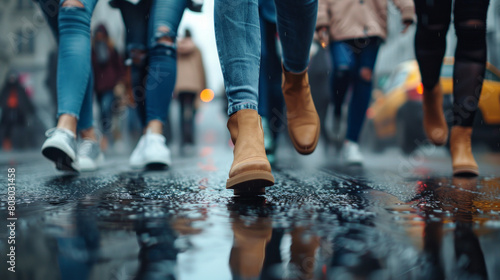 A close-up photorealistic image of diverse female legs walking down a city street. Group of women marching on the road in protest. Women's rights. it' symbolizing women's unity and movement.