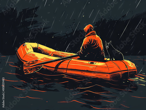 a rescuer rows an inflatable boat through dark floodwaters, with the dog perched at the bow. Person in a raincoat and dog sitting in an orange inflatable raft with oars, on dark water under heavy rain