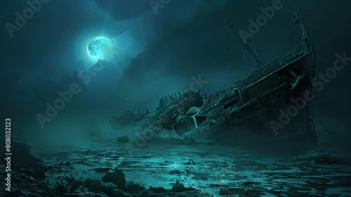 A forgotten shipwreck half-submerged in a moonlit bay, its weathered timbers casting ghostly silhouettes on the water, while bioluminescent plankton create an ethereal glow around its decaying form.