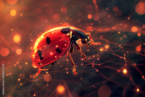 A wireframe-based visualization of a vibrant ladybug set against a glowing translucent background, showcasing its intricate details in a digital interpretation.