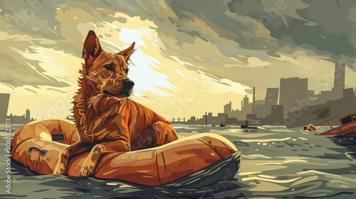 A vector illustration of a wet dog on an inflatable boat being pulled through murky floodwaters against a flooded city skyline. Natural disaster and rescue concept.