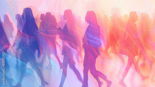 An abstract illustration of a women's march, showing the outlines of women walking in unity. Abstract silhouettes of women walking with flowing pink and purple hues. Movement and unity concept.