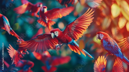 A flock of exotic birds bursting forth in a riot of color, in the style of luminous hues, Wollensak 127mm f/4.7 Ektar, mysterious jungle