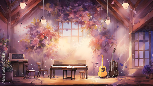 Conjure a watercolor background depicting an intimate concert in a small, cozy venue, with the warmth of the music filling the space