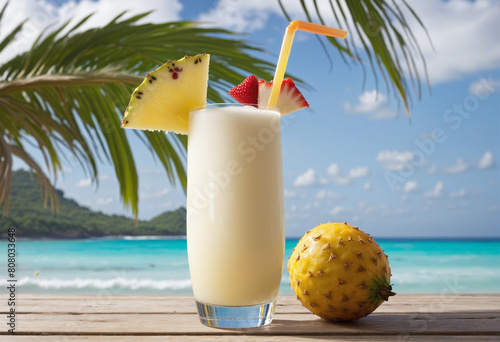 Refreshing Pina Colada cocktail on a stunning beach backdrop