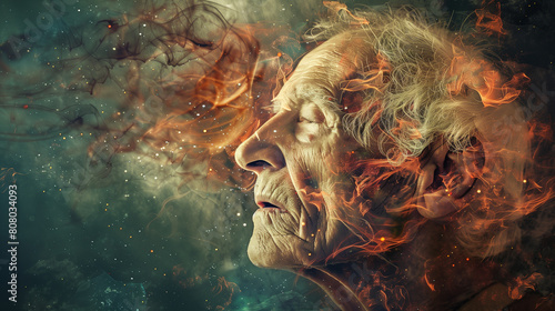 Artistic representation of dementia or Alzheimer's, mental decline, elements of fire and loss, copy space, Alzheimer's awareness