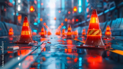 Traffic cones, Construction equipment conception, futuristic background