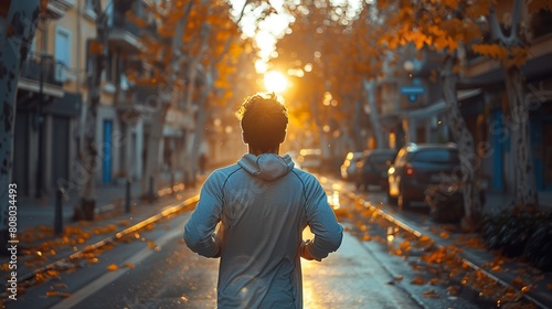 Man Enjoying a Peaceful Autumn Sunset on a City Street
