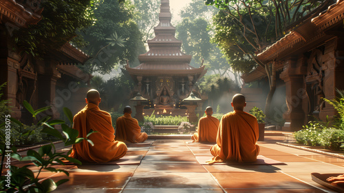 Buddhist monks in orange robes sit in meditation in a temple.