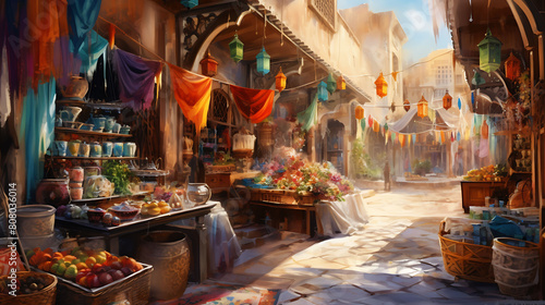 Conjure a watercolor background depicting a colorful and bustling bazaar in Marrakech, with textiles and spices filling the air with color and scent