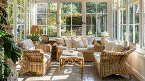 A sunlit conservatory with rattan furniture, tranquil space for relaxation