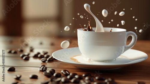 cup of coffee with milk and coffee beans generative ai