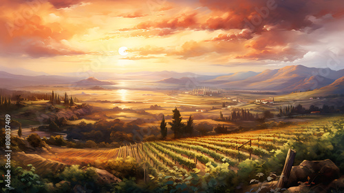 Conjure a watercolor background depicting a panoramic view of a sprawling vineyard at sunset