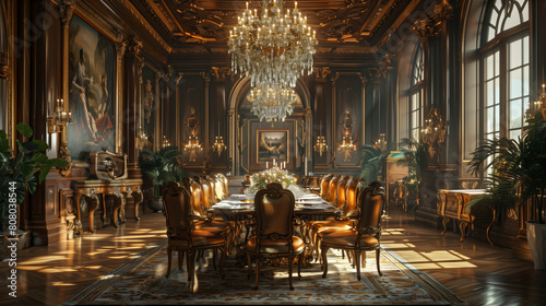 The image is a photo of a luxurious dining room