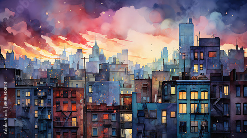 Conjure a watercolor background of a bustling cityscape at twilight