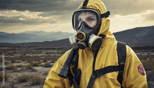 Survivor in a yellow hazmat suit and gas mask explores post-apocalyptic world after nuclear disaster