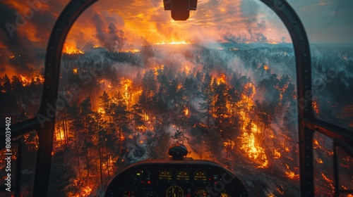 Surveying the raging forest fire from the cabin, the helicopter's view intensifies the epic drama of this devastating environmental crisis.