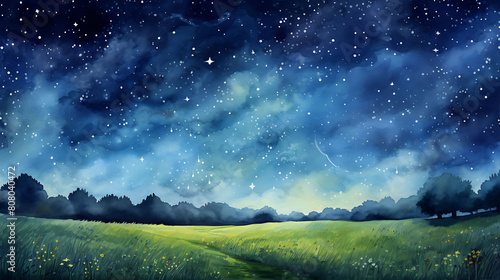 Conjure a watercolor background of a starry night over a peaceful countryside