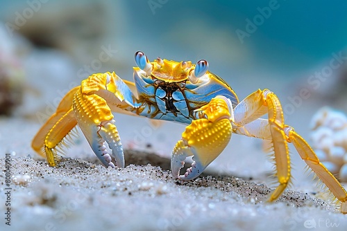 Blue and yellow crab in the sand on the seashore