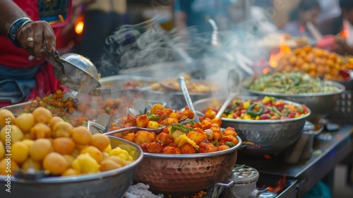 A traditional Indian street food stall serving spicy chaat snacks