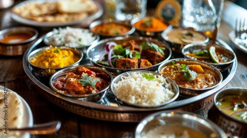A traditional Indian thali meal with a variety of dishes served on a stainless steel platter