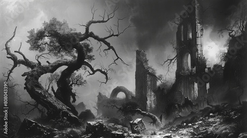 A desolate in the style of gothic illustration, 19th-century style, with gnarled, skeletal trees clawing at the sky