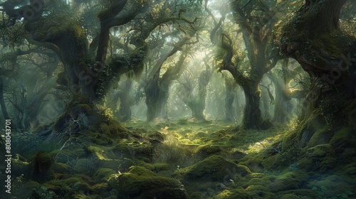 A dense illuminated by shafts of sunlight piercing the canopy, creating dappled patterns on the moss-covered ground
