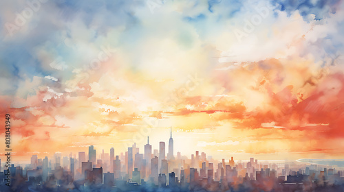 Craft a watercolor background featuring an iconic skyline of a major city at sunrise, with soft light washing over the buildings