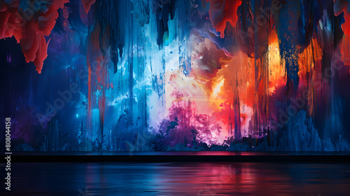 A colorful painting of a sky with a blue and red background. The painting is abstract and has a dreamy, surreal feel to it