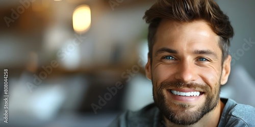 Man smiling with straight white teeth after veneers or braces at clinic. Concept Dental Makeover, Healthy Smile, Cosmetic Dentistry, Dental Clinic, Bright Smile