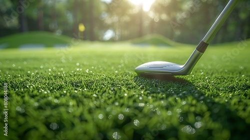 A closeup of Golf club, against Course as background, hyperrealistic sports accessory photography, copy space