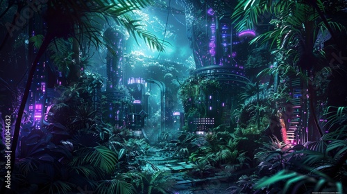 A cybernetic jungle where biomechanical flora and fauna intertwine with pulsating neon foliage, while robotic creatures stalk through the underbrush amidst the ruins of a long-forgotten civilization