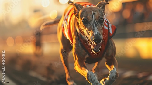 A closeup of Greyhound Racing Greyhound, against Track as background, hyperrealistic sports accessory photography, copy space