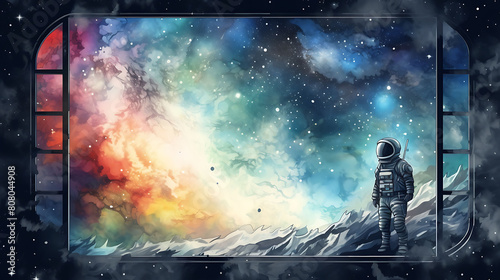 Craft a watercolor background featuring a lone astronaut observing a nebula from a space station window