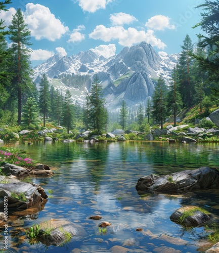 Tranquil Mountain Lake in a Valley Surrounded by Green Forested Hills