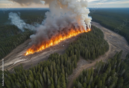 An aerial perspective of the destructive wildfire ravaging the forest, releasing billows of smoke and flames into the natural landscape 
