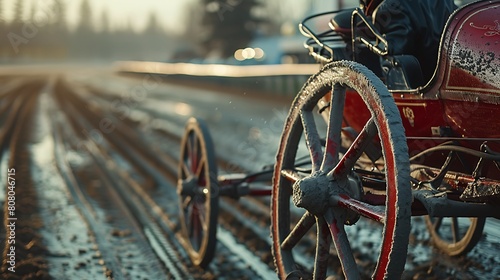 A closeup of Harness Racing Sulky, against Track as background, hyperrealistic sports accessory photography, copy space