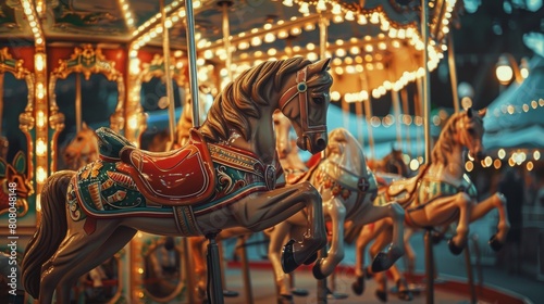 A conceptual photo of a vintage carousel with brightly painted horses and ornate decorations, symbolizing the timeless joy of childhood innocence and whimsy