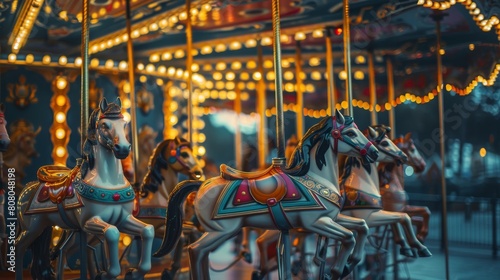 A conceptual photo of a vintage carousel with brightly painted horses and ornate decorations, symbolizing the timeless joy of childhood innocence and whimsy