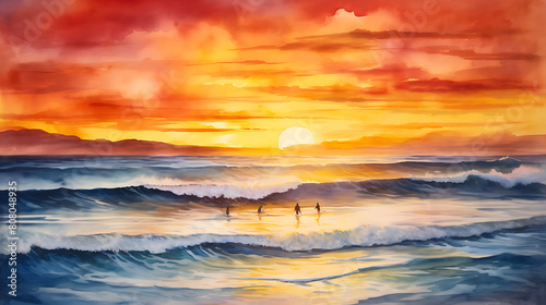Craft a watercolor background featuring a sunset surf session, with surfers catching the last waves of the day against a fiery sky