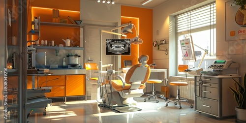 Dental room decorated in orange and white tones with an x-ray picture of the tooth. Generative Ai