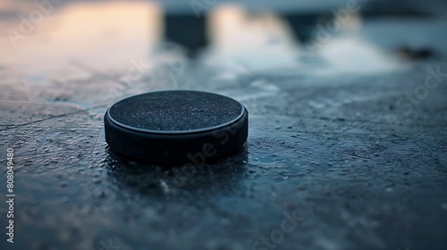 A closeup of Hockey puck, against Field as background, hyperrealistic sports accessory photography, copy space